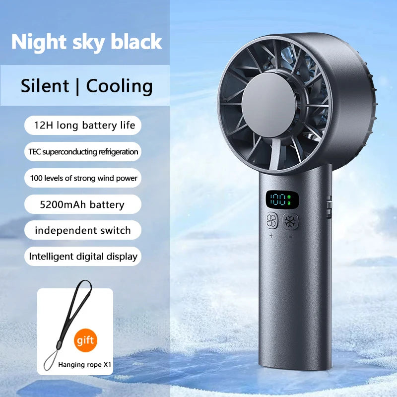 Outdoor Portable Mini Fan Handheld Fan with LED Display Semiconductor Refrigeration 100 Wind Speeds USB Rechargeable Battery Fan