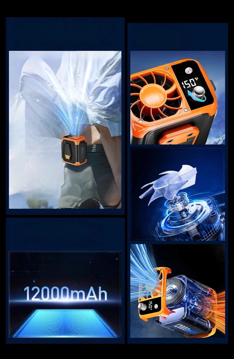 Mini high-speed waist fan, bladeless USB hanging neck fan, outdoor multifunctional mobile power lighting digital display fan