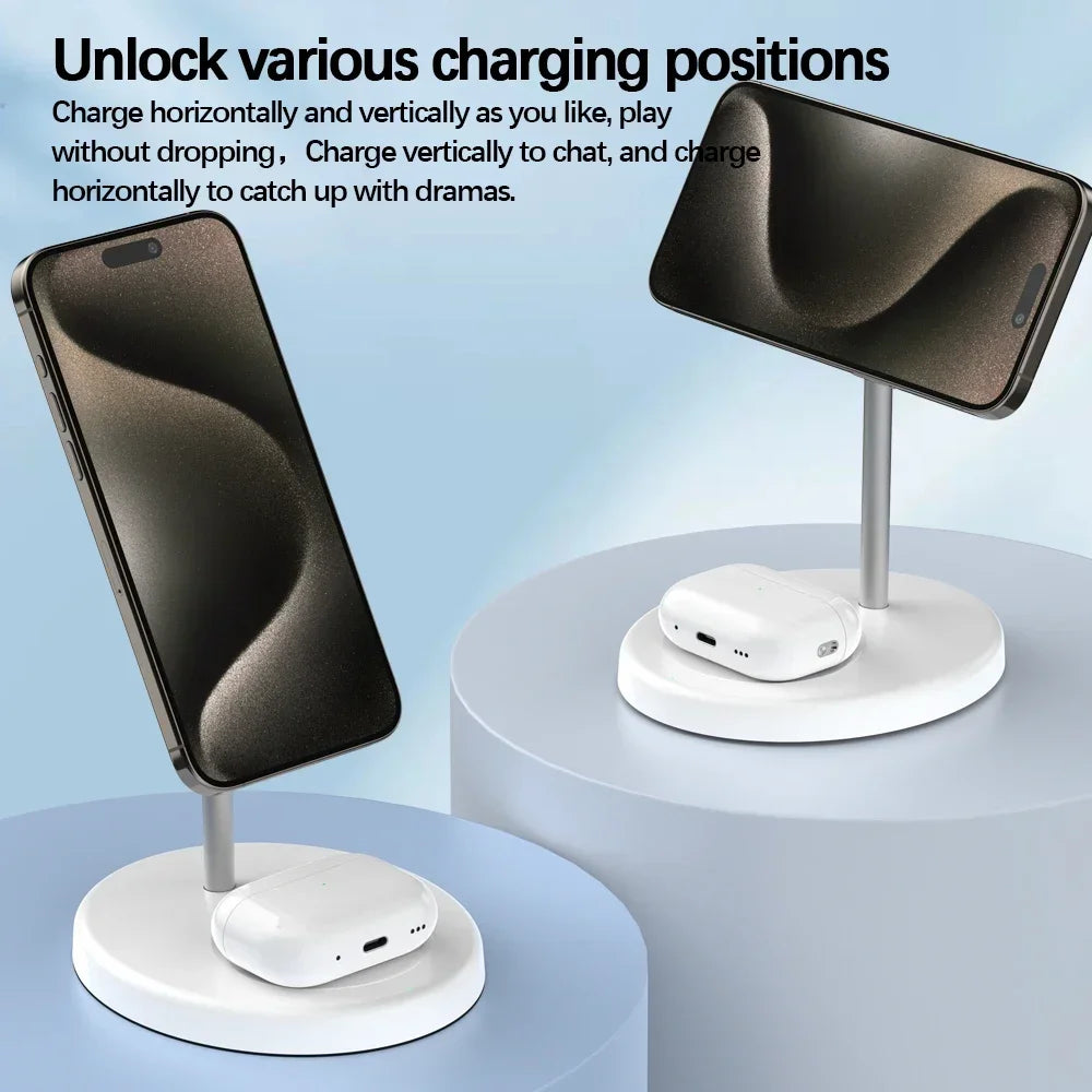 2 in 1 Magnetic Wireless Charger Stand Phone Charging Station Dock For iPhone 15 14 13 12 11 Pro Max AirPods Fast Chargers