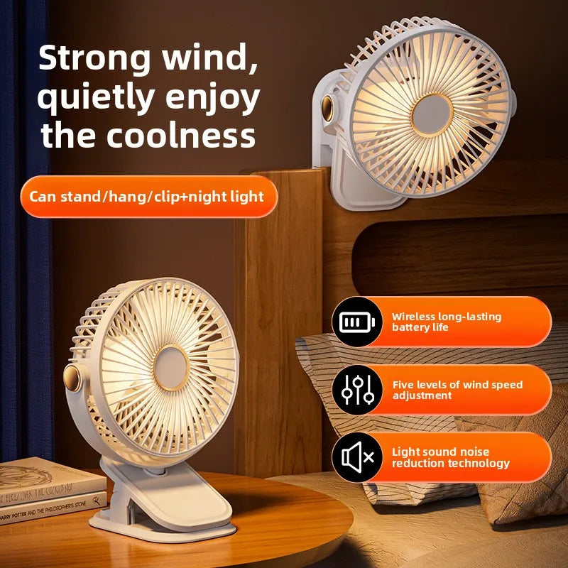 Fan portable mini desktop/clip on/hanging, TYPE-C charging 800mAh battery life fan, 5-speed wind/2-level LED light adjustment