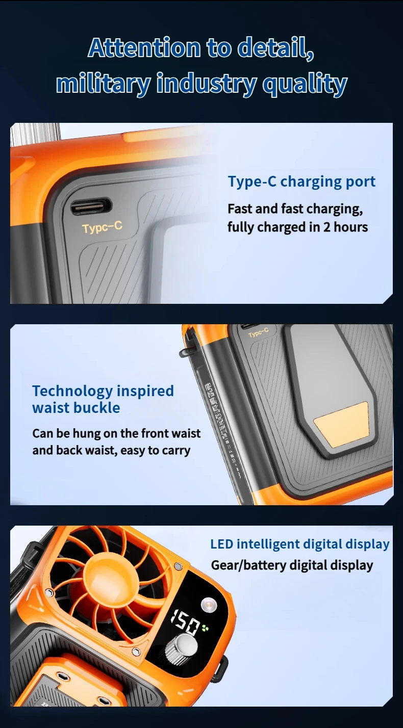 Mini high-speed waist fan, bladeless USB hanging neck fan, outdoor multifunctional mobile power lighting digital display fan