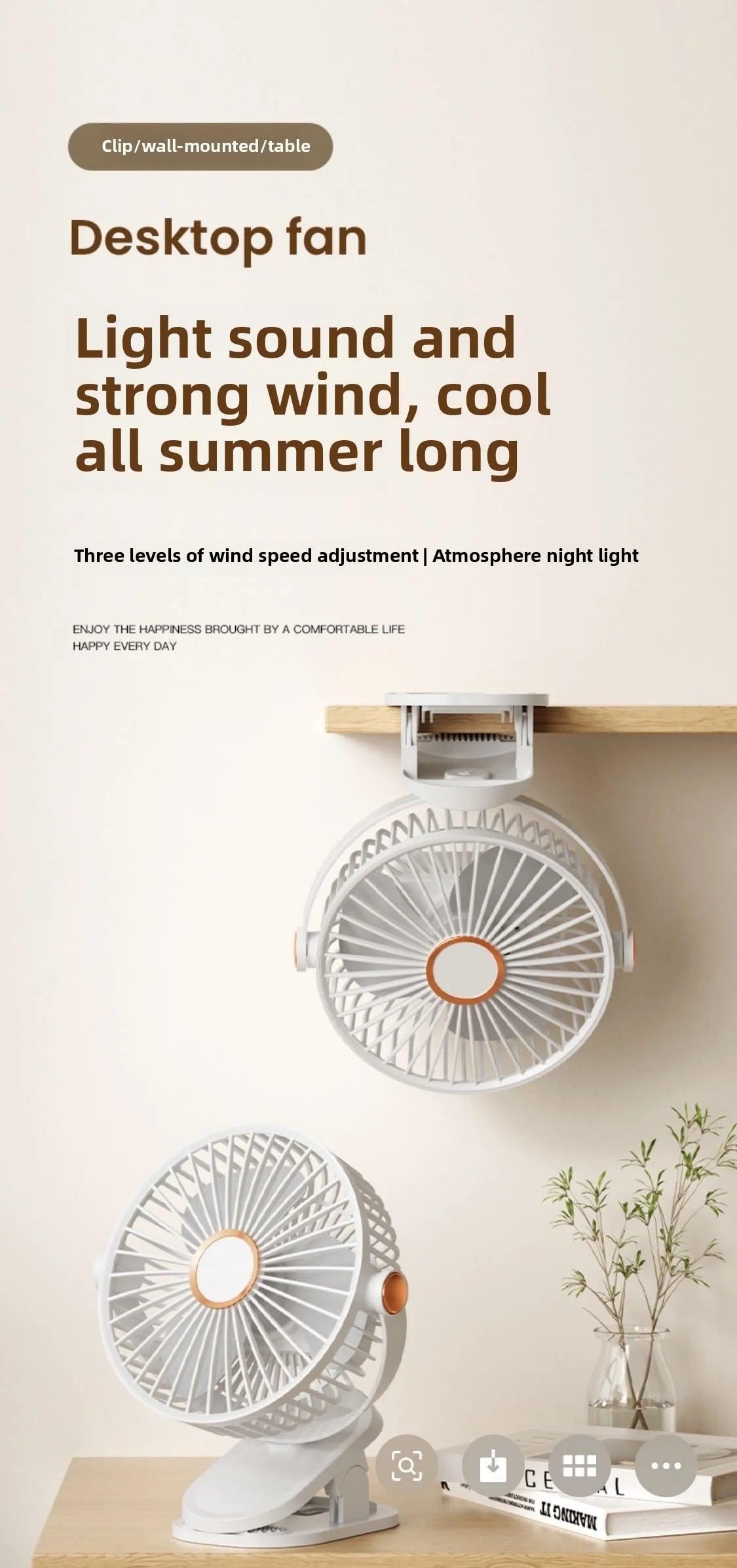 Fan portable mini desktop/clip on/hanging, TYPE-C charging 800mAh battery life fan, 5-speed wind/2-level LED light adjustment