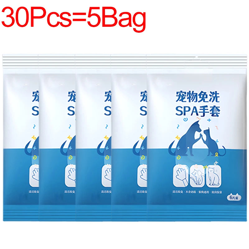 30/6PCS Cat Dog Disposable Glove Towels Pet Wash Free Glove No Rinse Washing Gloves Towels Deodorizing Dry Cleaning Wet Towels