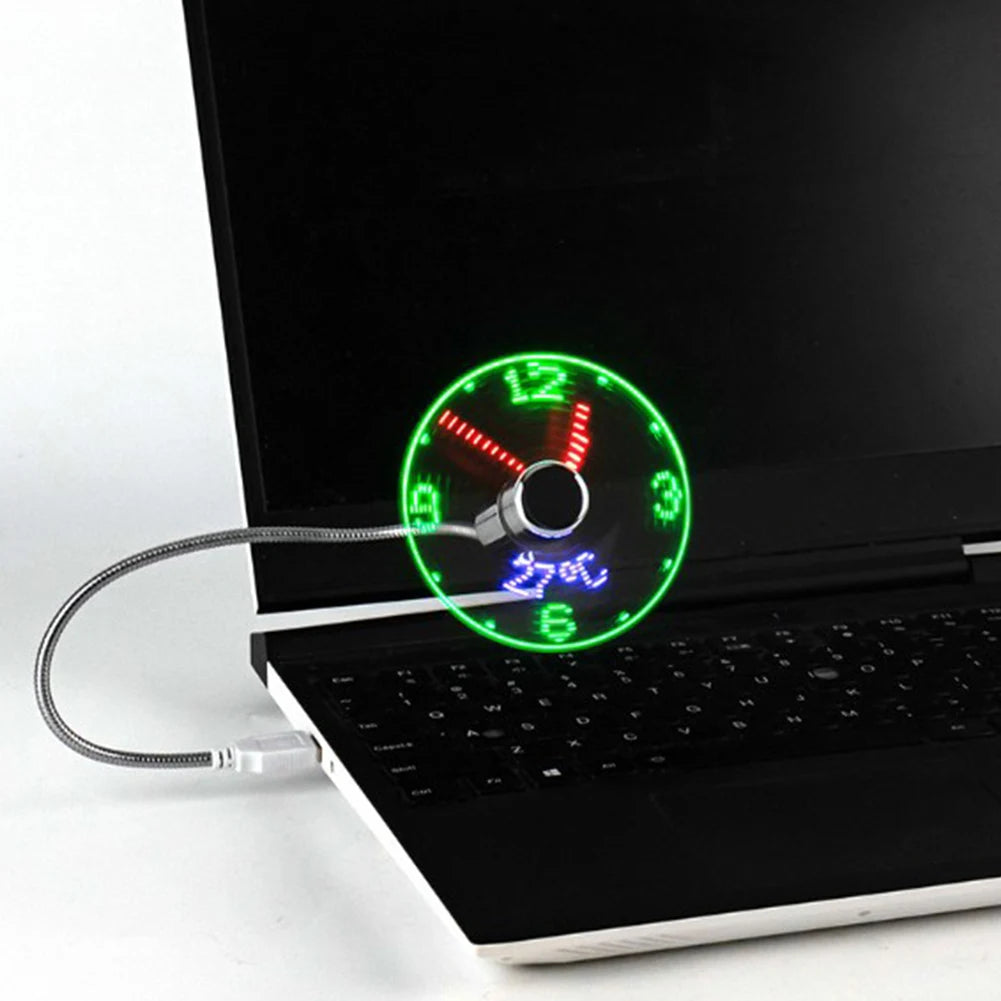 Portable Clock Fan RGB LED Night light 5V USB Hand Fan Real Time Temperature Display Metal Mini Fan for PC Laptop Desktop Cooler