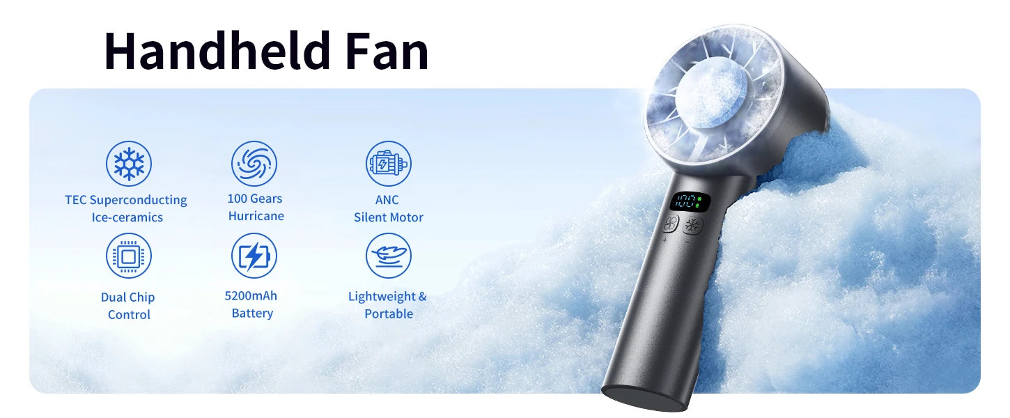 Outdoor Portable Mini Fan Handheld Fan with LED Display Semiconductor Refrigeration 100 Wind Speeds USB Rechargeable Battery Fan