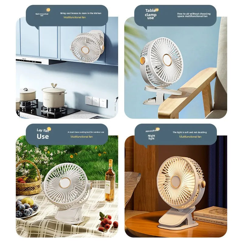 Fan portable mini desktop/clip on/hanging, TYPE-C charging 800mAh battery life fan, 5-speed wind/2-level LED light adjustment