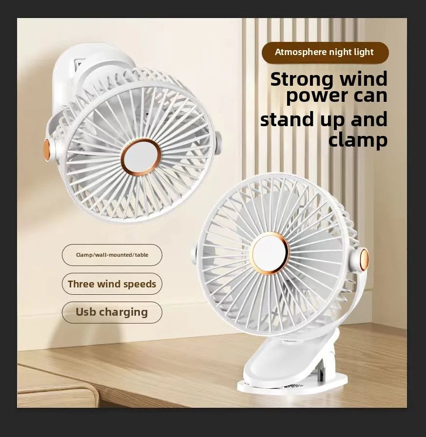 Fan portable mini desktop/clip on/hanging, TYPE-C charging 800mAh battery life fan, 5-speed wind/2-level LED light adjustment