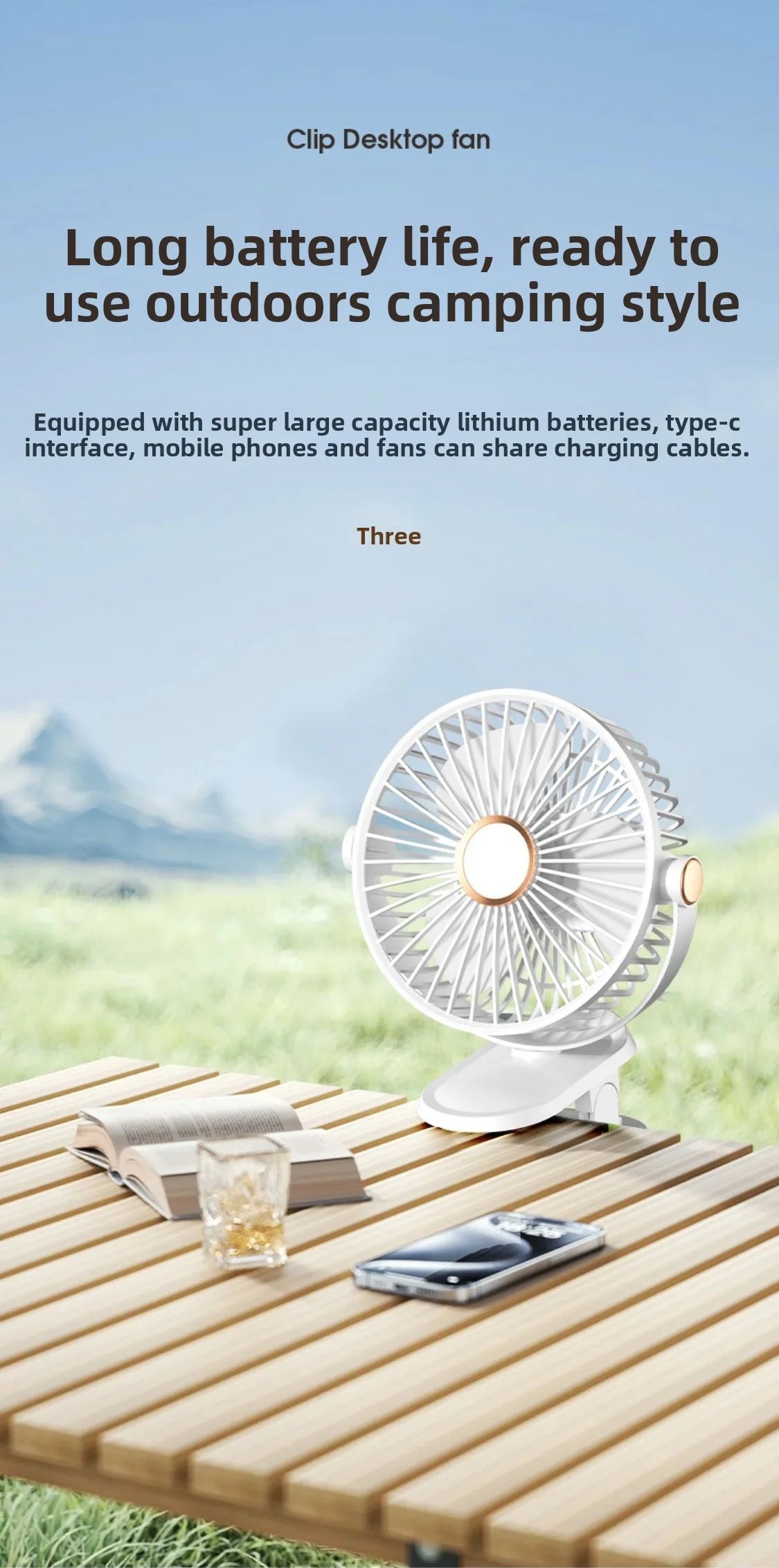 Fan portable mini desktop/clip on/hanging, TYPE-C charging 800mAh battery life fan, 5-speed wind/2-level LED light adjustment
