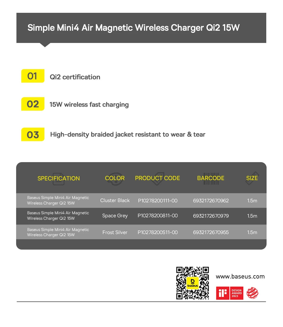 Baseus Qi2 15W Magnetic Wireless Charger Mini Fast Charging Phone Charger For iPhone 16 15 14 13 Pro Max
