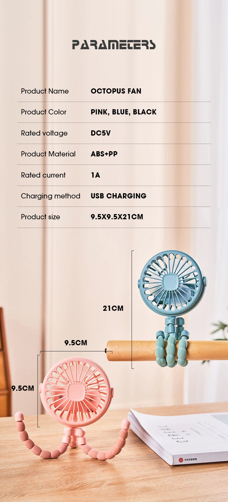 Portable USB Desktop Folding Fan,Outdoor Baby Stroller Handheld Fan, Summer Mute Small Multifunctional Octopus Mini Fan