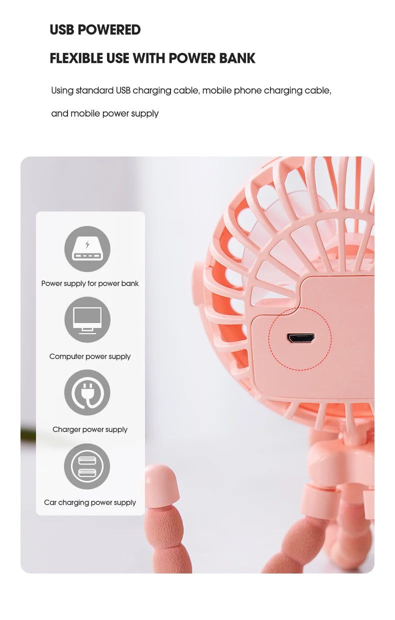 Portable USB Desktop Folding Fan,Outdoor Baby Stroller Handheld Fan, Summer Mute Small Multifunctional Octopus Mini Fan