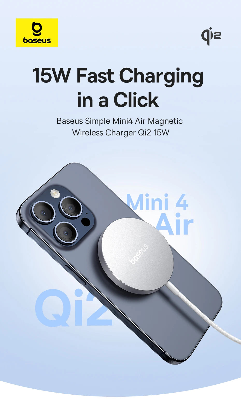 Baseus Qi2 15W Magnetic Wireless Charger Mini Fast Charging Phone Charger For iPhone 16 15 14 13 Pro Max