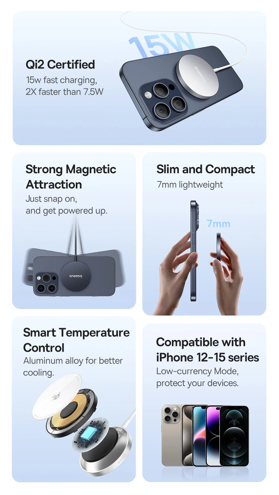 Baseus Qi2 15W Magnetic Wireless Charger Mini Fast Charging Phone Charger For iPhone 16 15 14 13 Pro Max