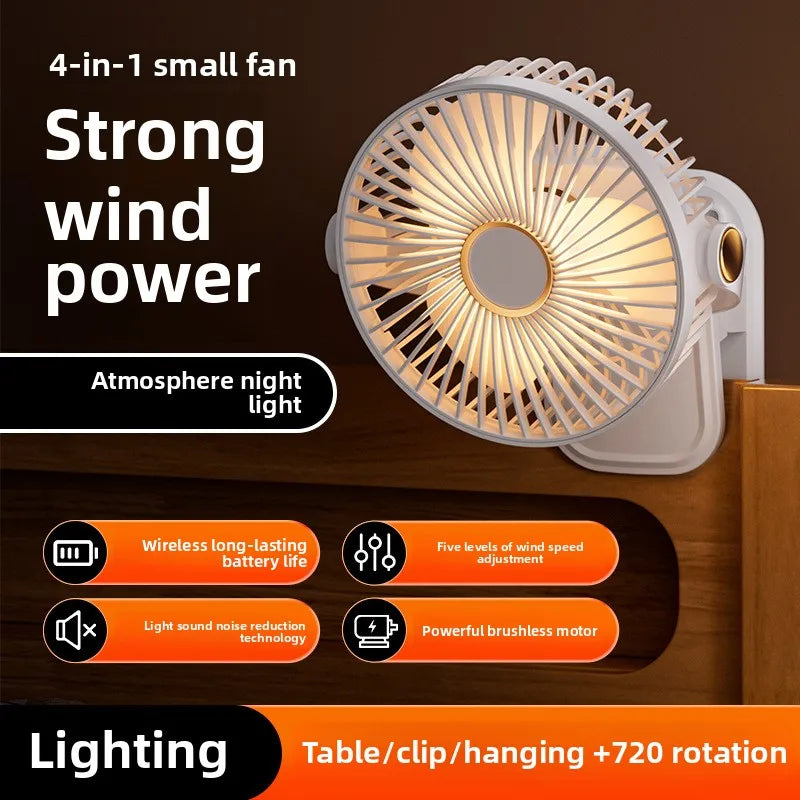 Fan portable mini desktop/clip on/hanging, TYPE-C charging 800mAh battery life fan, 5-speed wind/2-level LED light adjustment